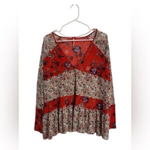 Free People Isabelle Sz XS Red Floral Patch Mix Print Boho Flowy Sheer Tunic Top